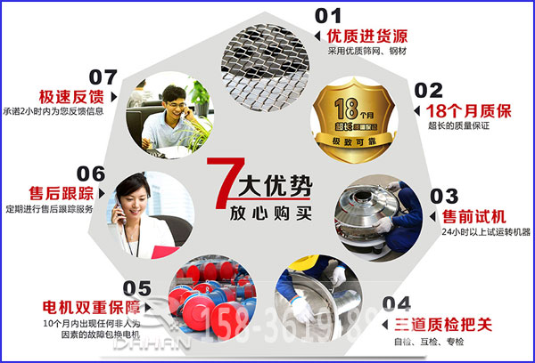 大漢食品振動(dòng)篩的7大優(yōu)勢(shì)：優(yōu)質(zhì)進(jìn)貨源，售后跟蹤，售前試機(jī)等。