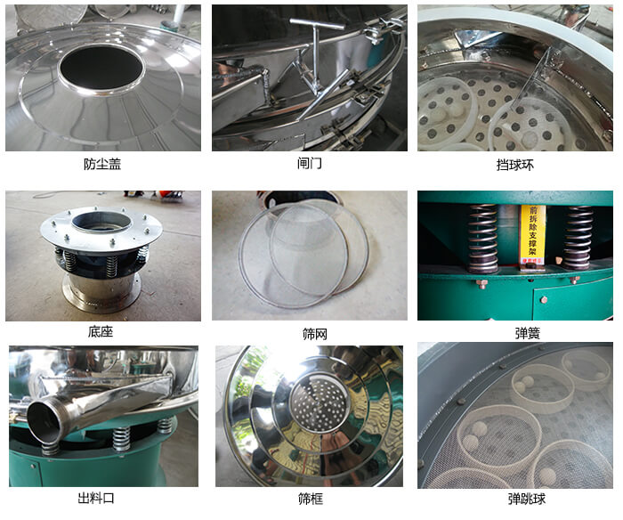 直徑600型振動篩細節(jié)：網架，料斗，篩框，擋球環(huán)，防塵蓋，閘門，出料口。