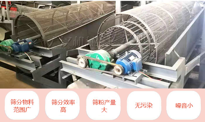 滾筒篩分機(jī)主要特點(diǎn)：篩分物料范圍廣，篩分效率高，篩分產(chǎn)量大，無污染，噪音小。