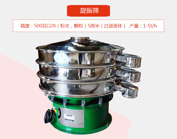 旋振篩精度：500目以?xún)?nèi)（粉末，顆粒）5微米（過(guò)濾液體）產(chǎn)量：1-5t/h