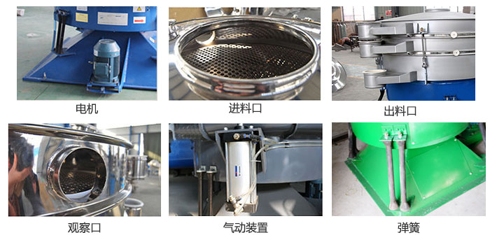 搖擺篩分機(jī)由進(jìn)料口，出料口，觀察口，電機(jī)，彈簧，氣動(dòng)裝置等部件組成