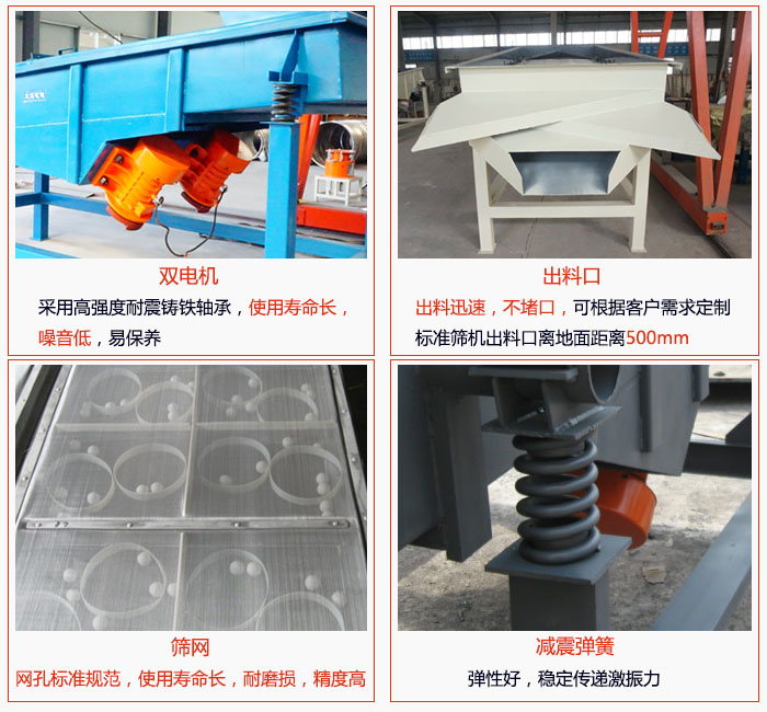 1030直線振動(dòng)篩雙電機(jī)采用高強(qiáng)度耐震鑄鐵軸承使用壽命長、噪音低，易保養(yǎng)；出料口排料迅速，不堵口，可根據(jù)客戶需求定制，標(biāo)準(zhǔn)機(jī)器出料口離地面距離500mm;篩網(wǎng)網(wǎng)孔標(biāo)準(zhǔn)規(guī)范、使用壽命長，耐磨損、精度高；減震彈簧：彈性好，穩(wěn)定傳遞激振力。